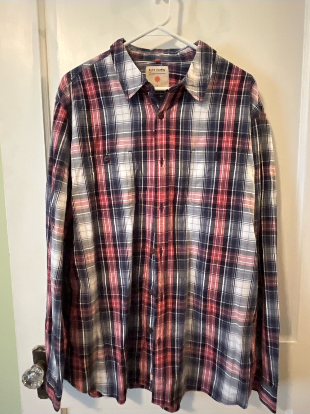 Ruff Hewn Men's Red Navy Plaid Long Sleeve Button Down Shirt Size L